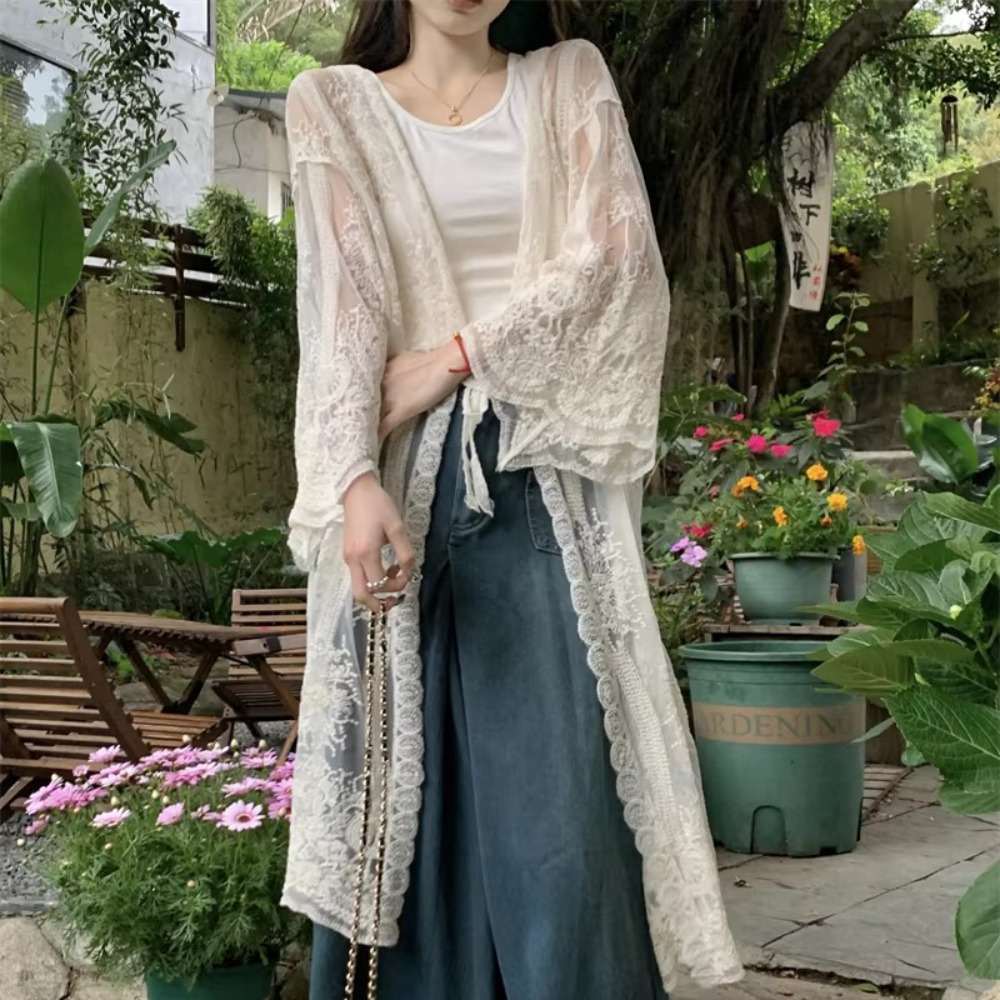 Kimono Sheer Floral - Blusa Ligera con Cordones y Bordado,