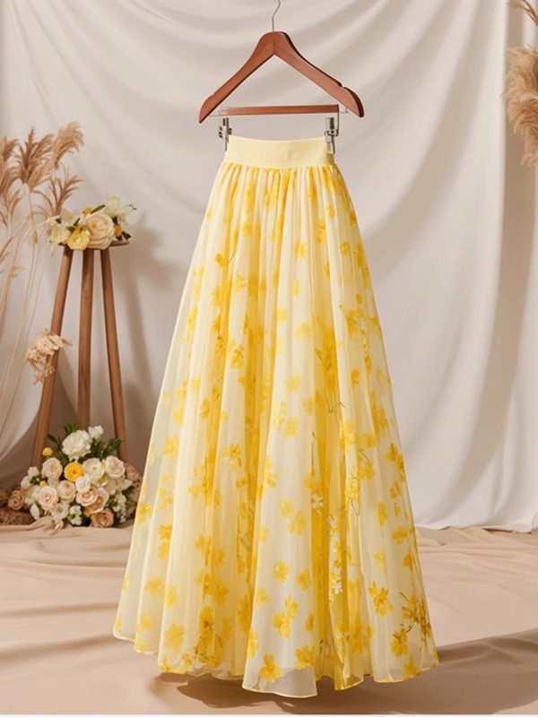 Midi Skirt Floral - Falda Midi Amarilla de Cintura Alta