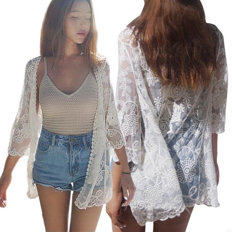 Kimono Sheer Floral - Mujeres Lace abre frontal Kimono Crochet