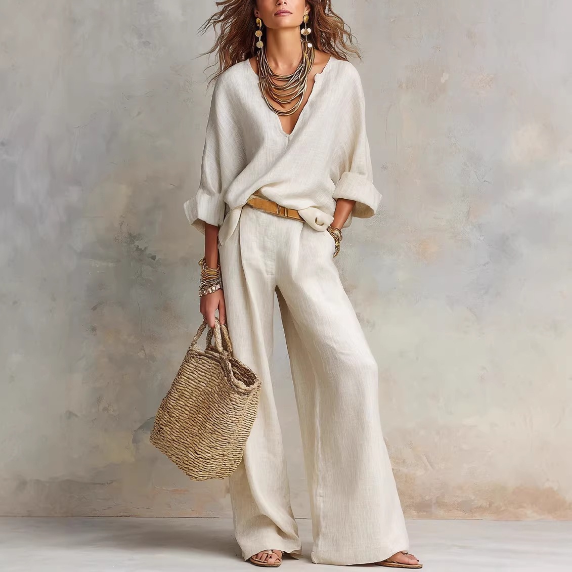 Linen Pant Wide - Conjunto Casual Vintage para Mujer, de