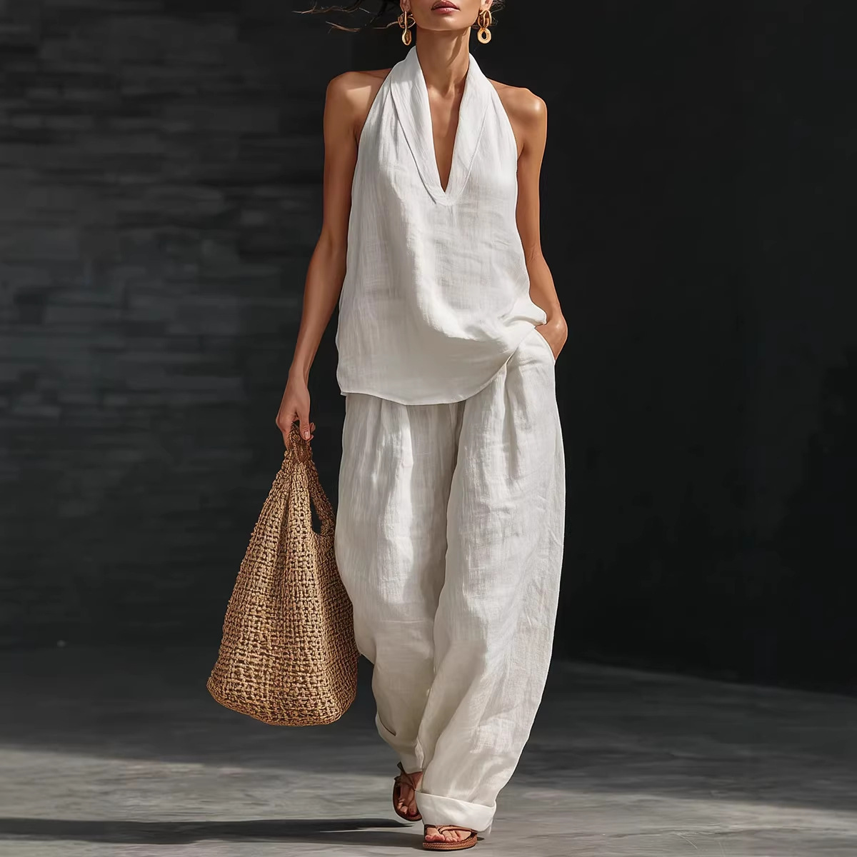 Linen Pant Wide - Conjunto de lino y algodón retro