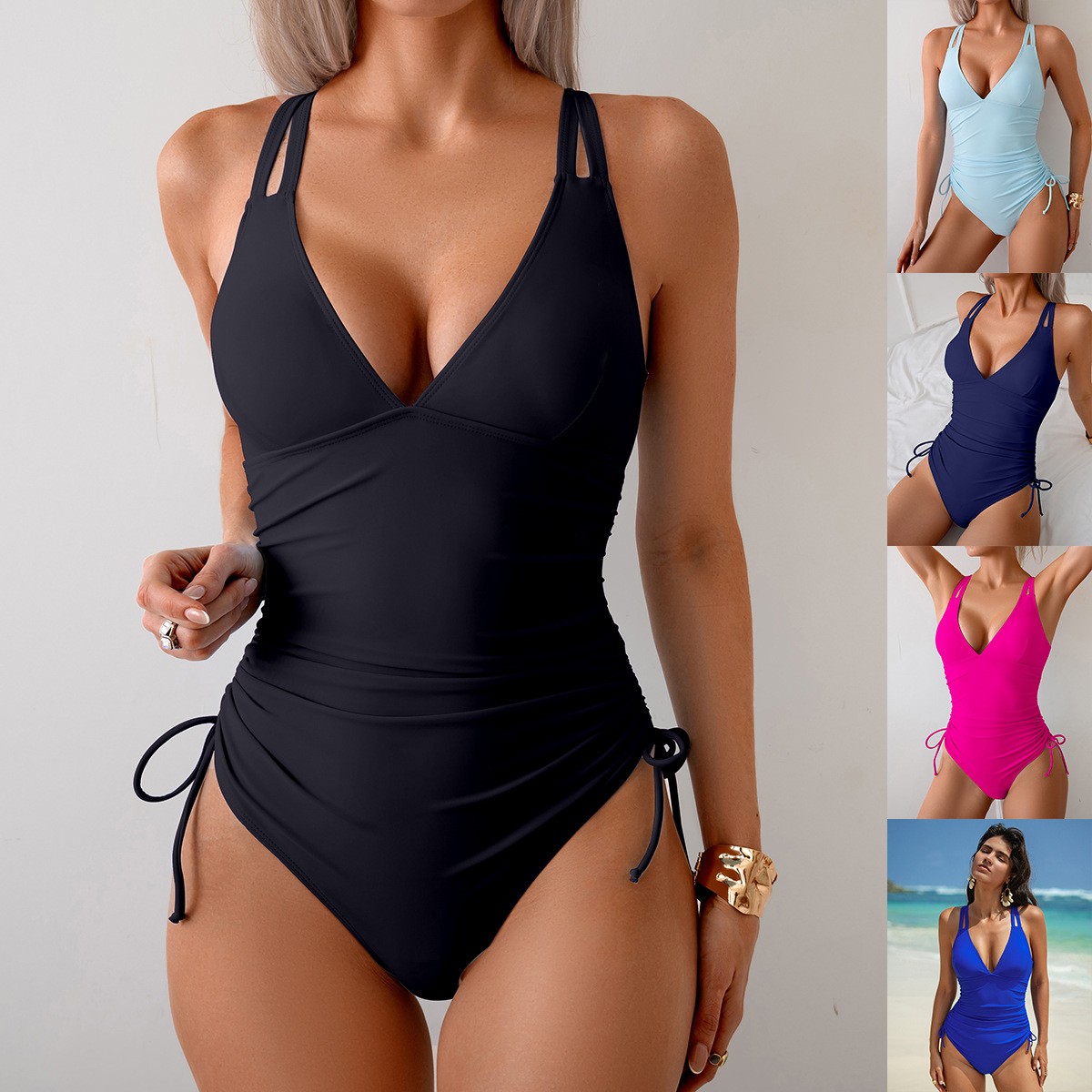 Swimsuit Bikini Ruched - Traje de baño negro liso con