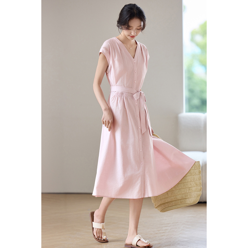 Linen Dress Wrap - Vestido Midi Rosa para Mujer SENTUBILA,