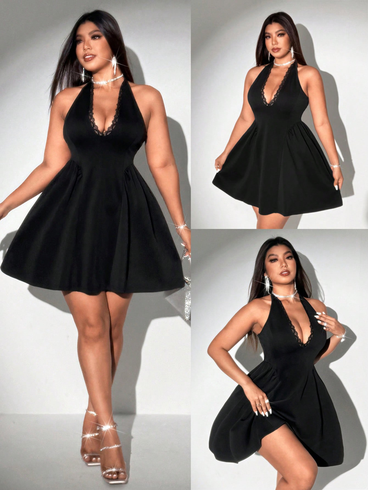 Maxi Dress Halter - Vestido corto negro de encaje con