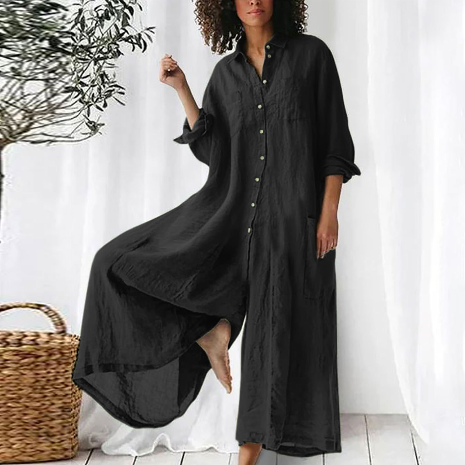 Jumpsuit Linen Relaxed - Mono para mujer de manga larga