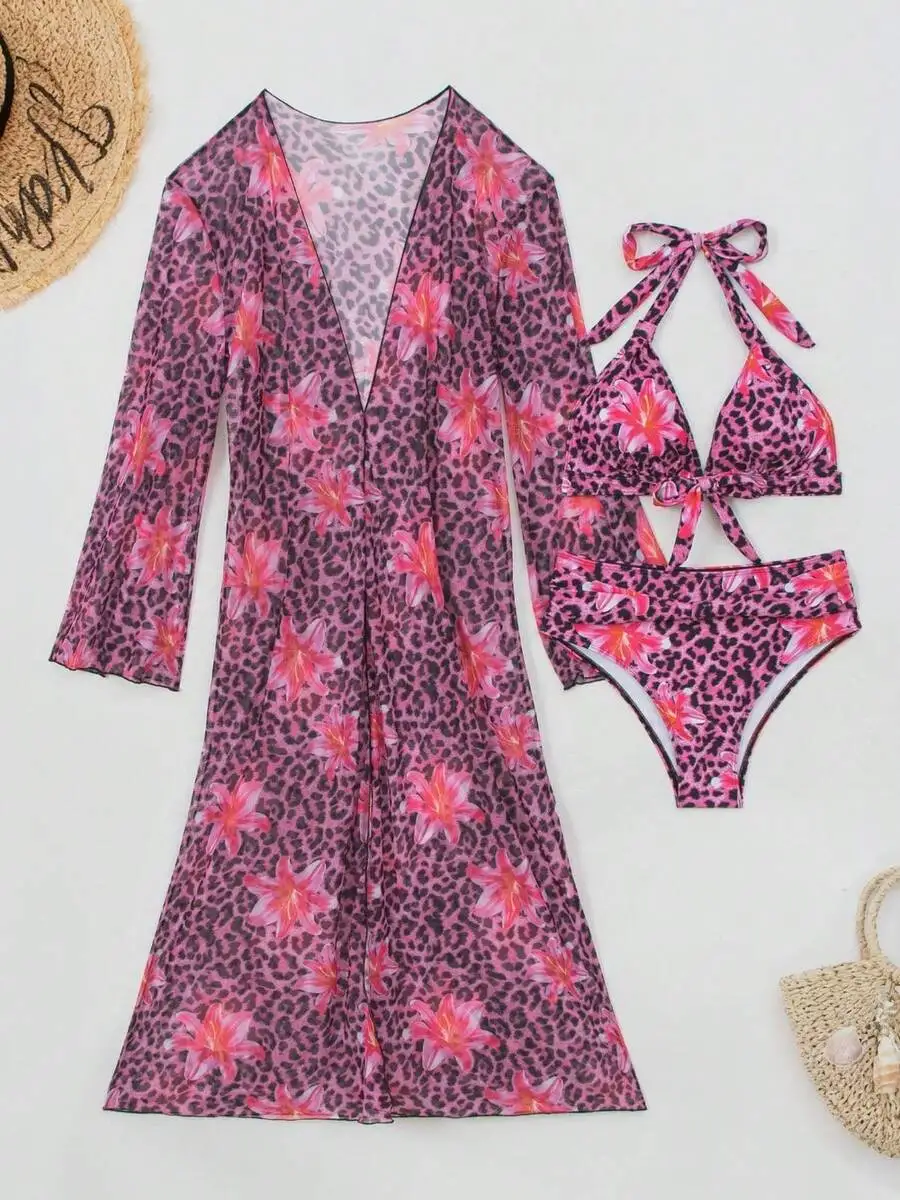 Kimono Sheer Floral - Conjunto de bikini de 3 piezas