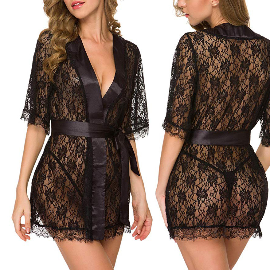 Kimono Sheer Floral - Camisón de Encaje Floral con Cuello