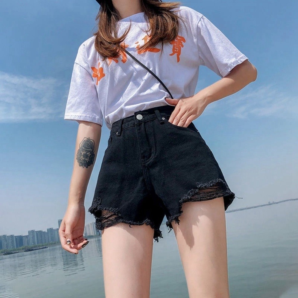 Shorts de mezclilla elásticos  - Shorts Denim Frayed reseña y precio