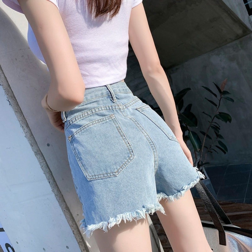 Shorts de mezclilla elásticos  - Shorts Denim Frayed reseña y precio