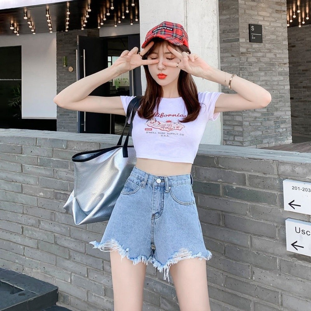 Shorts de mezclilla elásticos  - Shorts Denim Frayed reseña y precio