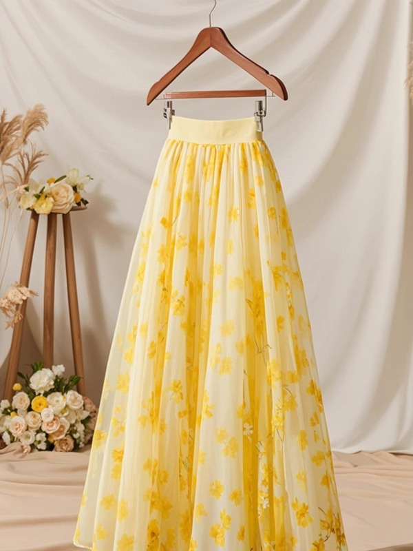 Falda Midi Amarilla de Cintura - Midi Skirt Floral reseña y precio
