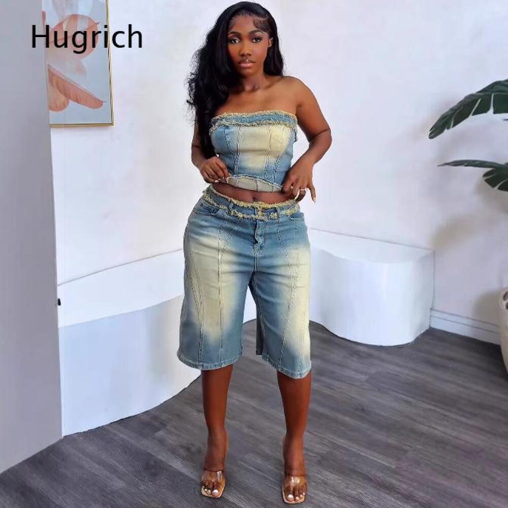 Conjunto de Top Corto sin Tira - Shorts Denim Frayed reseña y precio