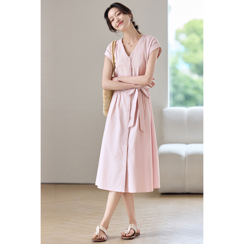 Vestido Midi Rosa para Mujer S - Linen Dress Wrap reseña y precio