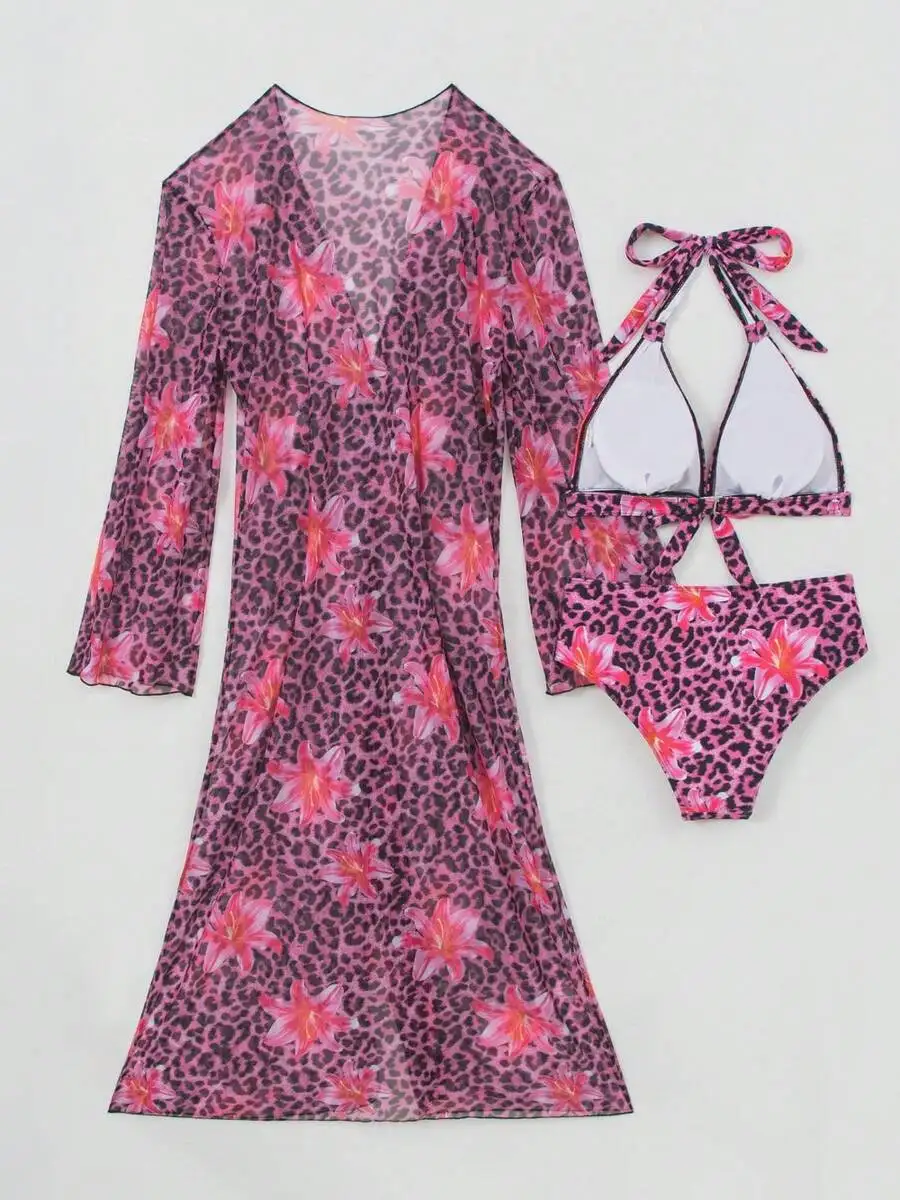 Conjunto de bikini de 3 piezas - Kimono Sheer Floral reseña y precio