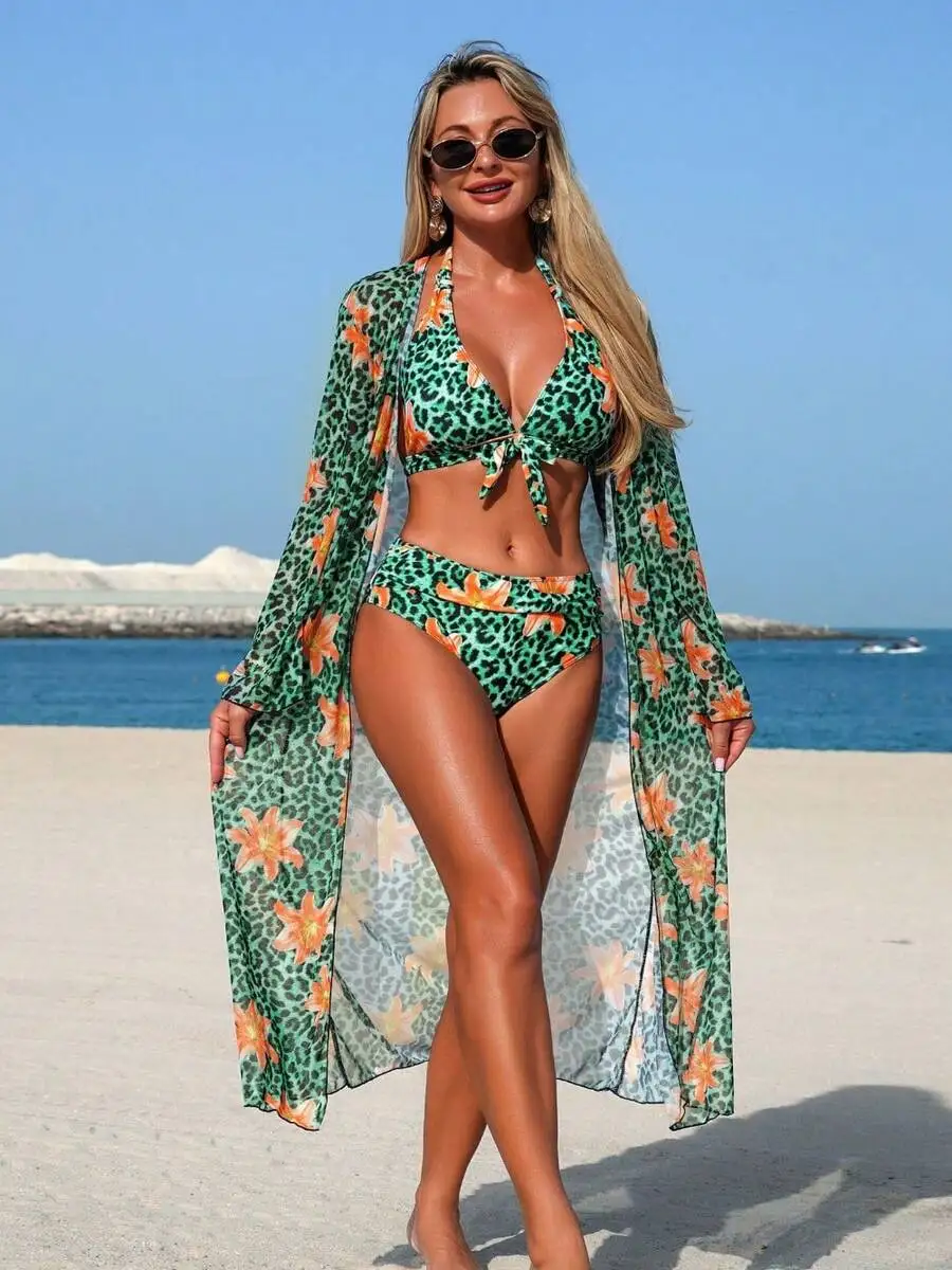 Conjunto de bikini de 3 piezas - Kimono Sheer Floral reseña y precio